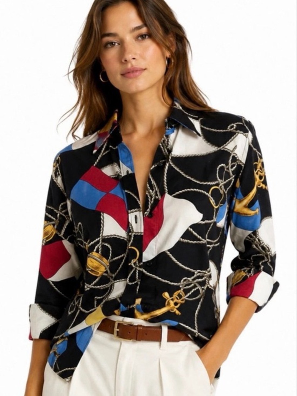 Lauren Ralph Lauren size M Black Nautical Flag & Rope Print Button-Down Shirt